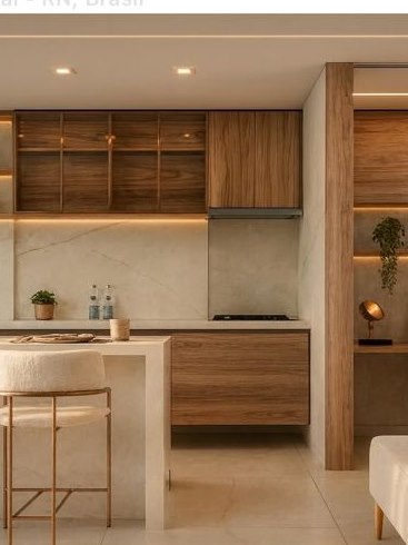 Living integrado com cozinha em madeira e mármore e home office ao fundo