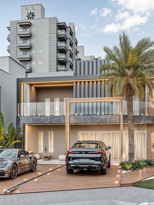 Fachada reformada no Condomínio Green Woods, com brises verticais, mármore e iluminação embutida